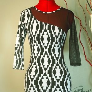 Black White Patterned Sheer Sleeve Mini Dress